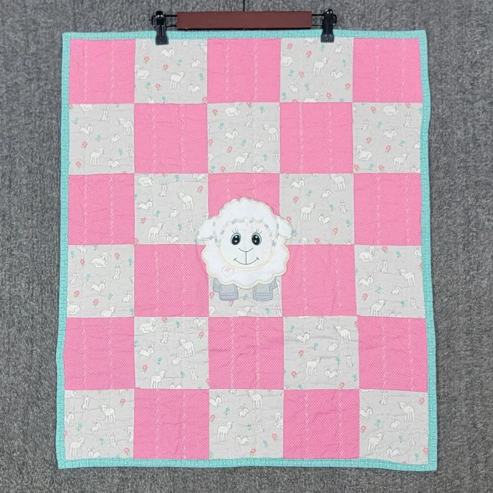 Handmade Quilt Crib Baby Lap Patchwork Blanket Pink Gray W/ Sheep Bunnies 28x24